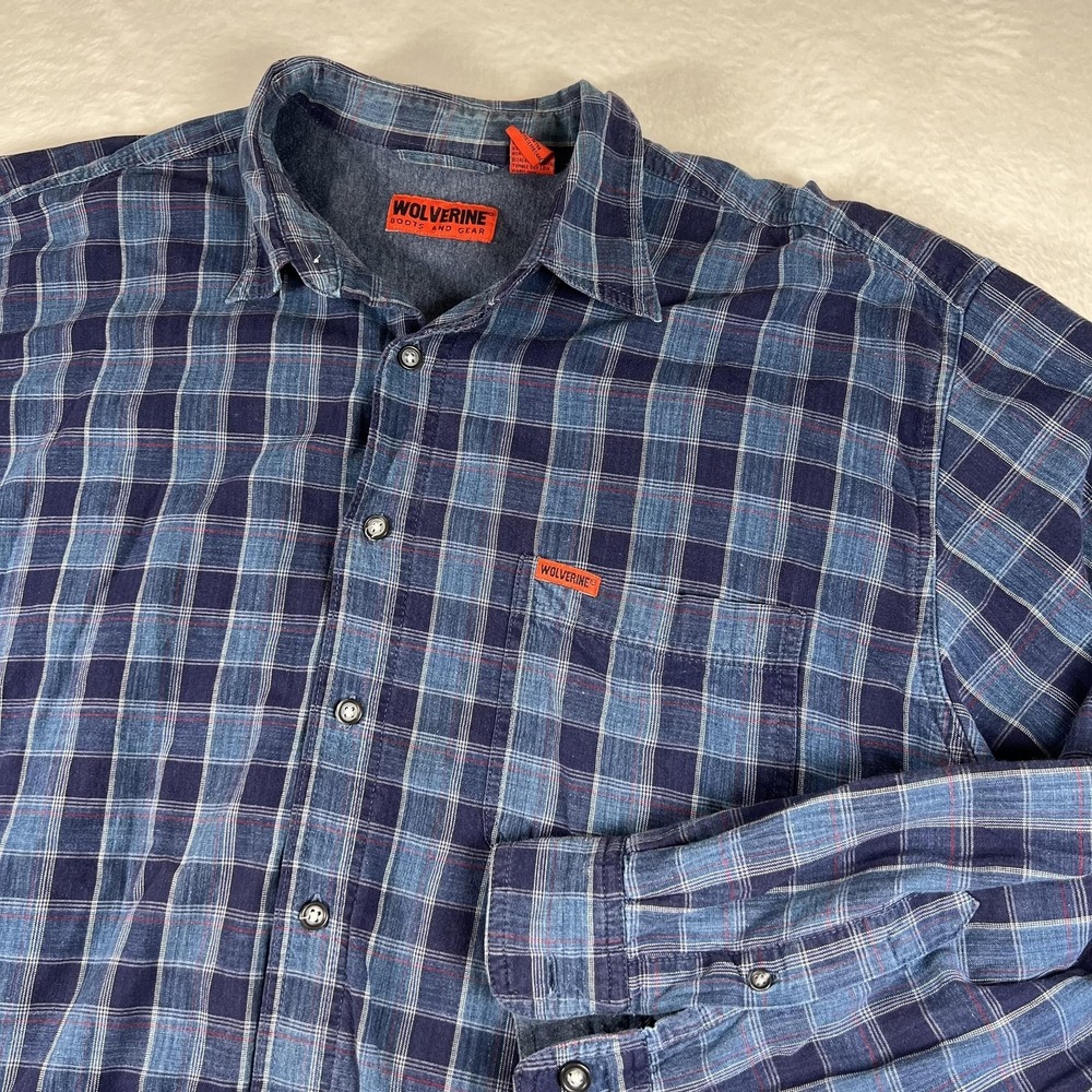 Wolverine Shirt Mens Large Blue Plaid Flannel Lined Long Sleeve Button Up Casual